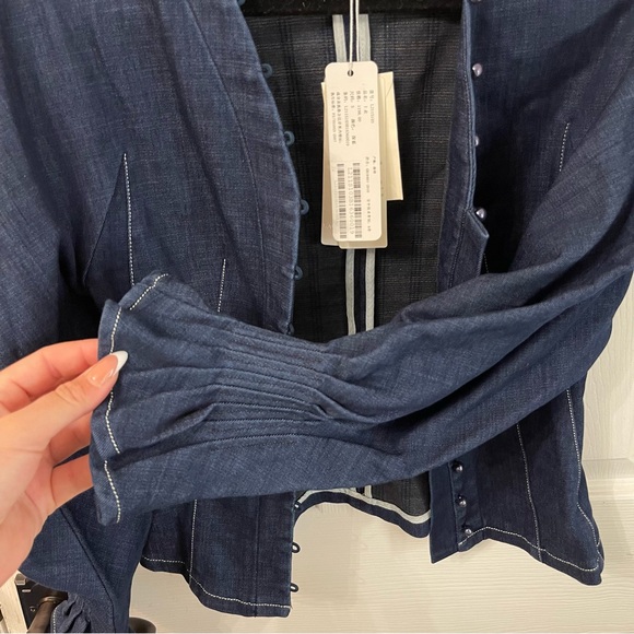 Navy Dark Jean Like Pearl Button-Up Blouse - Picture 6 of 8